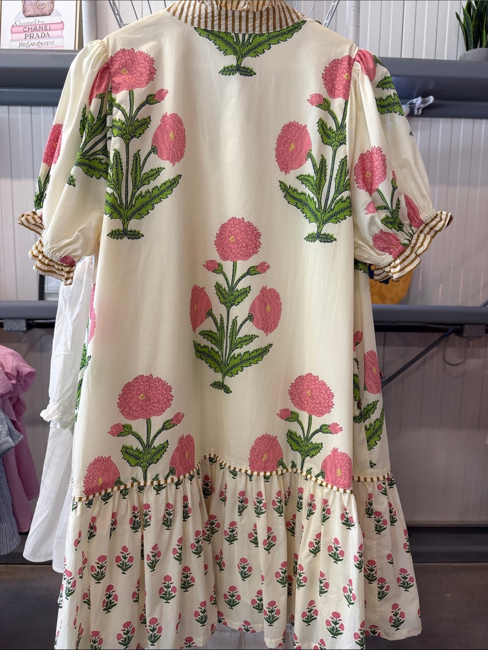 Umgee Cream Midi Dress with Pink Floral Print and Green Leaves - Picture 6 of 6